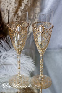 wedding photo - Special Item - Gold Art Deco Gatsby Style Wedding Champagne Flutes/ Gold Wedding Glasses/ / Feather Flutes/ Set Of 2 Gold