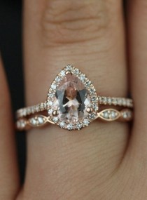 wedding photo - Tabitha 8x6mm & Christie Band 14kt Rose Gold Pear Morganite And Diamonds Halo Wedding Set (Other Metals And Stone Options Available)