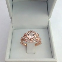 wedding photo - 14k Rose Gold Vintage Morganite Engagement Ring Diamond Wedding Band 6.5mm Round Pink Peach Morganite Ring