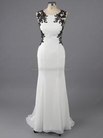 wedding photo -  Sheath/Column Scoop Neck Tulle Silk-like Satin Ankle-length Appliques Lace Prom Dresses