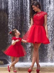 wedding photo -  A-line Scoop Neck Lace Tulle Short/Mini Ruffles Prom Dresses