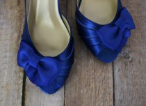 wedding photo - Blue Wedding Shoes -- Royal Blue Kitten Heel Peep Toe Wedding Shoes with Off Center Matching Bow on the Toe