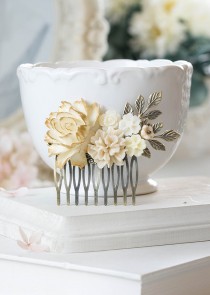 wedding photo - Gold Ivory Rose Flower Hair Comb Ivory Floral Bridal Hair Comb Romantic Rustic Vintage Wedding Shabby Chic French Country Victorian Comb