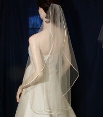 wedding photo - Bridal veil Fingertip Cascading /Waterfall Style  trimmed with the tiniest of Satin Ribbon
