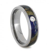 wedding photo - Blue Box Elder Burl Wood Ring, 14k White Gold Bezel Set Diamond Ring, Titanium Wedding Band