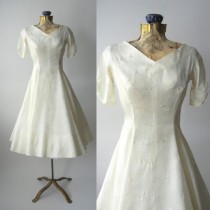 wedding photo - 1950s Dress, Vintage Ivory Satin Wedding Dress, Retro 50s Dress, White Vintage Dress, Vintage Prom Dress, White 1950 Dress, Swing Dress