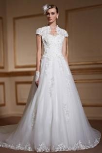 wedding photo -  Modern High Neck Tulle Beading Short Sleeves Wedding Dress- AU$ 760.97 - DressesMallAU.com
