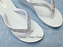 wedding photo - Bridal Wedge Flip Flops White Ivory Beach Wedding Beach Wedding Shoes RhinestonesPlatform Girls Bridesmaid, Bling Crystal