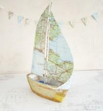 wedding photo - Book Boat With Vintage Map Paper Sails - Recycled Books And Papers