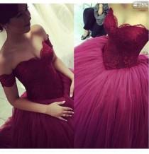 wedding photo - Real Image Burgundy Lace Wedding Dresses Tulle 2015 Off-shoulder Sweetheart Dubai Arabic Dress Custom Made Bridal Ball Gown Chapel Train Online with $129.06/Piece on Hjklp88's Store 