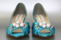wedding photo - Blue Wedding Shoes -- Mermaid Blue Peeptoe Wedding Shoes with Pearl and Rhinestone Adornment