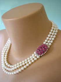 wedding photo -  RUBY Choker, Pearl Choker, Pearl Necklace, Mother of the Bride, Bridal Jewelry, Pink Rhinestone, Pearl And Ruby Necklace, Swarovski Fuschia