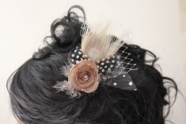wedding photo - WEDDING, FORMAL-Neutral Singed Flower with three layers of tulle, polka dots, guinea and bleached peacock feather  formal headpiece