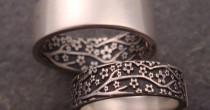 wedding photo - Opposites Attract Wedding Band Set -- Cherry Blossom Pattern In Sterling Silver