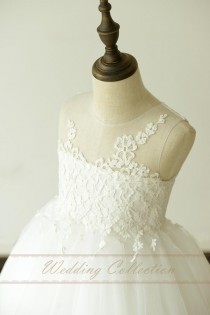 wedding photo - Sheer Lace Strapless Neckline Flower Girl Dress Ball Gown