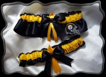 wedding photo - Black Satin Ribbon Wedding Garter Set Made with Pittsburgh Steelers Fabric