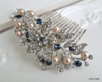 wedding photo - Blue Swarovski Crystal and Pearl Wedding Comb,Wedding Hair Accessories,Vintage Style Flower and Leaf Rhinestone Bridal Hair Comb,Pearl,KATY