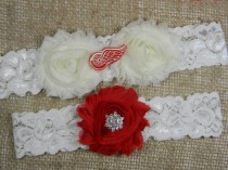 wedding photo - Detroit Red Wings Wedding Garter, Bridal Garter and Toss Garter Set, NHL Hockey Sports Red and Ivory Flower Garters