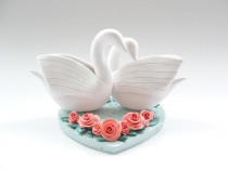 wedding photo - Coral and teal swan wedding cake topper handmade from polymer clay