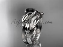 wedding photo -  platinum leaf and vine wedding ring, engagement set with a Black Diamond center stone ADLR273S