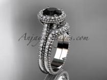 wedding photo -  14kt white gold diamond floral wedding set, engagement ring with a Black Diamond center stone ADLR101S