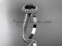 wedding photo -  platinum diamond floral wedding ring, engagement ring with a Black Diamond center stone ADLR101