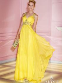wedding photo -  A-line Straps Empire Floor Length Sleeveless Beading Ruched Backless Chiffon Lemon Prom / Homecoming / Evening Dresses By Alyce 6249