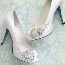 wedding photo - ON SALE! Something Blue Wedding Shoes with Handmade Crystal Blossom and Beaded Vine White or Ivory Peep Toe Pumps