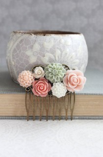 wedding photo - Pink Flower Hair Comb Floral Collage Comb Romantic Shabby Country Coral Peach Sage Green Chrysanthemum Bridesmaid Gifts Summer Beach Wedding