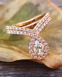 wedding photo - Pear shaped Moissanite & Diamonds engagement "bliss" ring with matching diamond wedding ring 