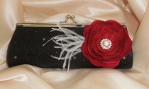wedding photo - Black Satin Glitter Bridesmaid Clutch Red Ranunculus White Feathers