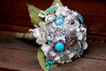 wedding photo - Country Western bouquet cowgirl turquoise bridal bouquet with FREE TOSS/BRIDESMAID bouquet Aqua Brooch Bouquet