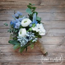 wedding photo - White And Light Blue Boho Bouquet With Eucalyptus And Wildflowers