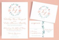 wedding photo - Watercolor Wreath Wedding Invitation With Romantic Monogram