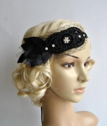 wedding photo - Black Petal Bandeau bridal headband, The Great Gatsby Headband, 1920s Headpiece, Flapper 1920's Black petal rhinestone crystal headband,