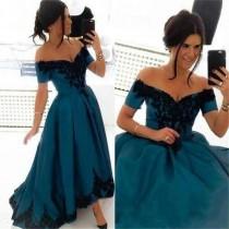 wedding photo - High Low Hunter Evening Dresses Applique 2015 Off Shoulder Short Sleeve Train Lace Long Party Prom Formal Gowns Runway Fashion Ball Custom Online with $107.7/Piece on Hjklp88's Store 