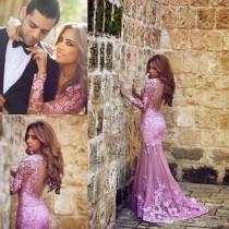 wedding photo - Sexy Long Sleeves Arabic Mermaid Evening Dresses 2015 Party Sheer Neck Lace Tulle Illusion Backless Pink Prom Dresses Formal Gowns Online with $117.49/Piece on Hjklp88's Store 