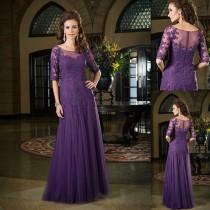 wedding photo - Dark Purple Mother Of Bride Dresses 2015 Half Sleeves Dress Of The Groom Tulle Applique Lace Sheer Neck Long Wedding Evening Party Gown Online with $104.14/Piece on Hjklp88's Store 
