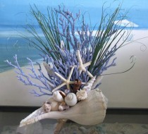 wedding photo - Seashell Coral Centerpiece-Beach Grass-Starfish-Driftwood Coastal Table Decor