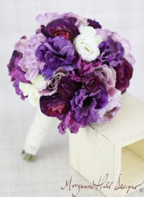 wedding photo - Silk Bride Bridesmaid Bouquet Roses Ranunculus Anemone Purple Country Wedding Lace (Item Number 130119)