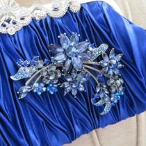 wedding photo - Blue Satin Clutch with Crystal   brooch,Satin Evening Bag,Clutch, Wedding handbag ,Bridal  Swarovski Pearls ,Vintage Style Bridal