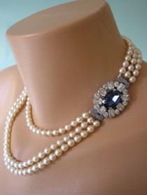 wedding photo -  Vintage Pearl and Sapphire Rhinestone Bridal Choker Necklace