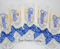 wedding photo - 5 Monogrammed Bride and Bridesmaids Champagne Flutes