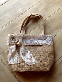 wedding photo - Burlap Flower Girl Bag / Basket with Rustic Tea Dyed Lace and Rosette