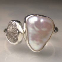 wedding photo - Baroque Pearl and Rough Diamond Ring - Recycled Palladium Sterling Engagement Ring - Made to Order