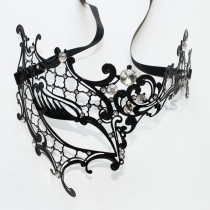 wedding photo - Black laser cut Venetian Phentom Mask Masquerade w/ Clear Rhinestones MF-02CL SKU: 6E12B