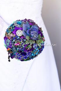 wedding photo - Alice in Wonderland Wedding Brooch Bouquet. Fairy Tale Bridal Brooch Bouquet, "Alice in Wonderland IV" Purple, Magenta, Blue Wedding Bouquet