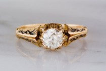 wedding photo - Early Old European Cut Diamond (.85ct) in 18K Gold Victorian / Art Nouveau Engagement Ring with Black Enamel R941
