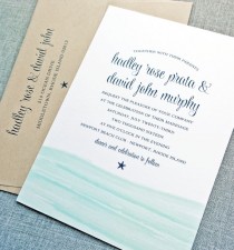 wedding photo - Hadley Watercolor Waves Beach Wedding Invitation Sample - Aqua Blue Waves Wedding Invitation
