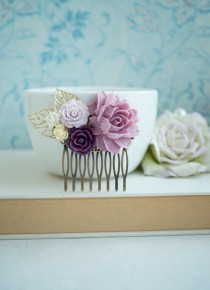 wedding photo - Lilac Purple Rose, Ivory, Gold Plated Leaves, Flower Hair Comb. Bridesmaid Gift, Fall Rustic Purple Ivory Wedding. Autumn Wedding, Country